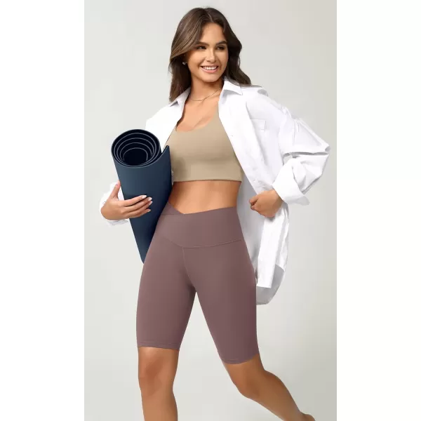ODODOS Cloud Feeling Crossover Yoga Shorts with Back Pocket for Women 6quot  8 V High Wasit Lounge Biker ShortsPurple Taupe