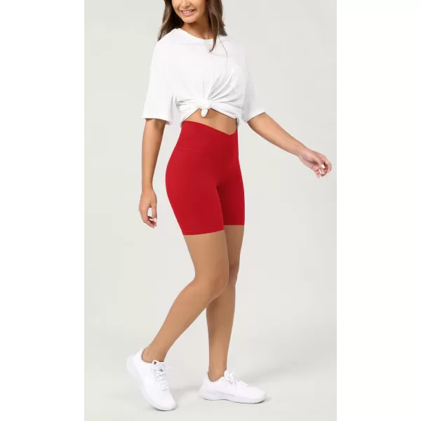 ODODOS Cloud Feeling Crossover Yoga Shorts with Back Pocket for Women 6quot  8 V High Wasit Lounge Biker ShortsRed