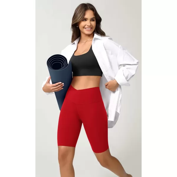 ODODOS Cloud Feeling Crossover Yoga Shorts with Back Pocket for Women 6quot  8 V High Wasit Lounge Biker ShortsRed