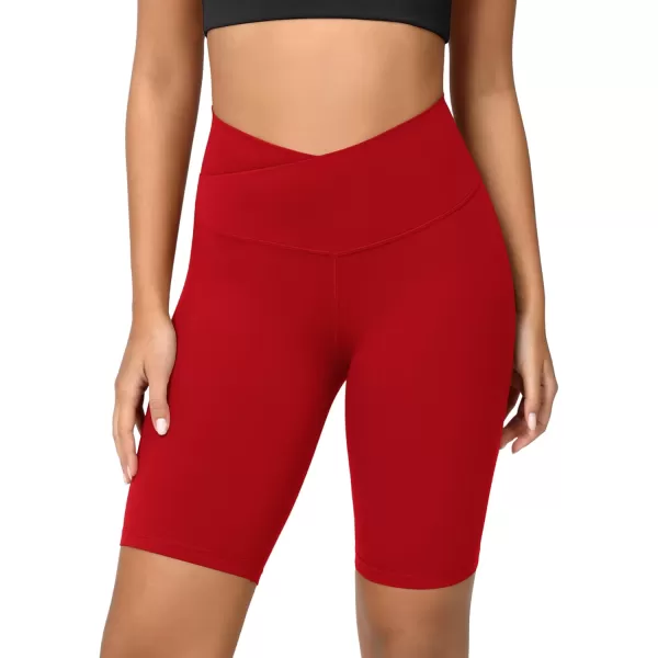 ODODOS Cloud Feeling Crossover Yoga Shorts with Back Pocket for Women 6quot  8 V High Wasit Lounge Biker ShortsRed