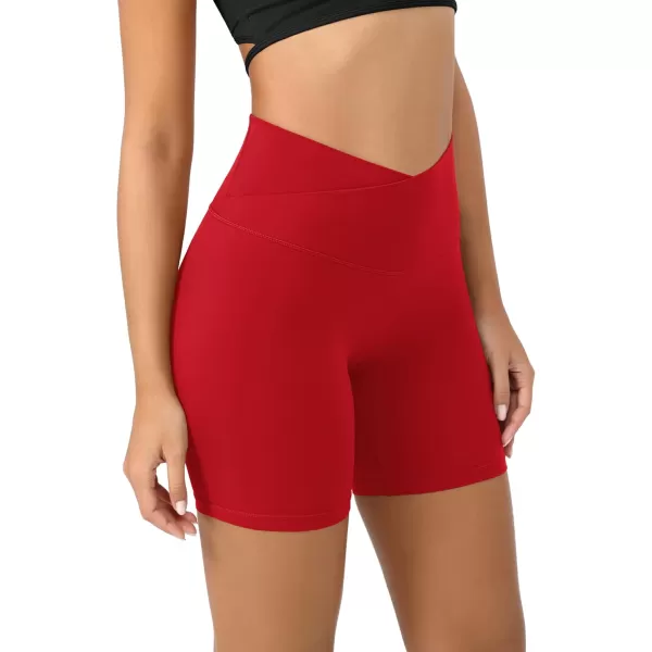ODODOS Cloud Feeling Crossover Yoga Shorts with Back Pocket for Women 6quot  8 V High Wasit Lounge Biker ShortsRed