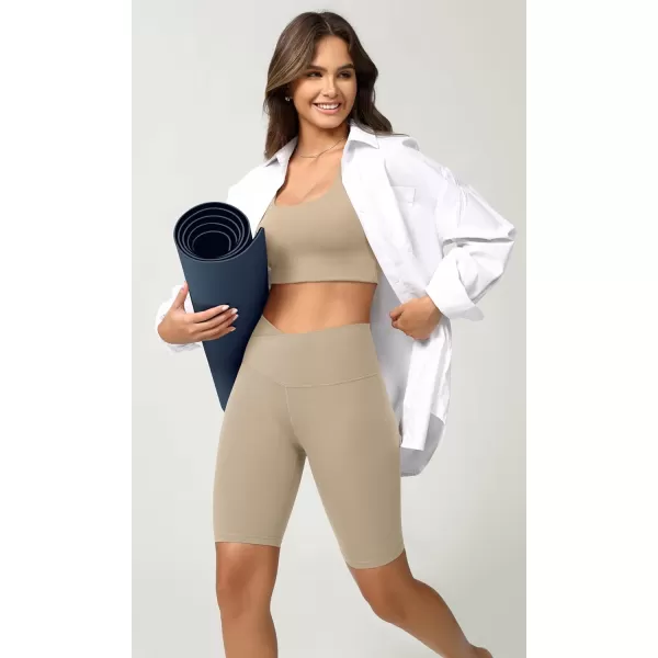 ODODOS Cloud Feeling Crossover Yoga Shorts with Back Pocket for Women 6quot  8 V High Wasit Lounge Biker ShortsShaker Beige