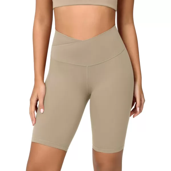 ODODOS Cloud Feeling Crossover Yoga Shorts with Back Pocket for Women 6quot  8 V High Wasit Lounge Biker ShortsShaker Beige