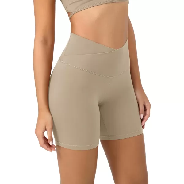 ODODOS Cloud Feeling Crossover Yoga Shorts with Back Pocket for Women 6quot  8 V High Wasit Lounge Biker ShortsShaker Beige