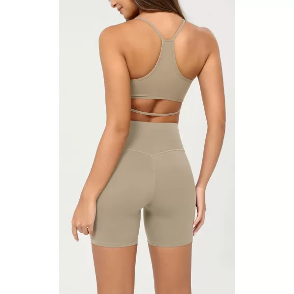 ODODOS Cloud Feeling Crossover Yoga Shorts with Back Pocket for Women 6quot  8 V High Wasit Lounge Biker ShortsShaker Beige