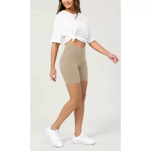 ODODOS Cloud Feeling Crossover Yoga Shorts with Back Pocket for Women 6quot  8 V High Wasit Lounge Biker ShortsShaker Beige