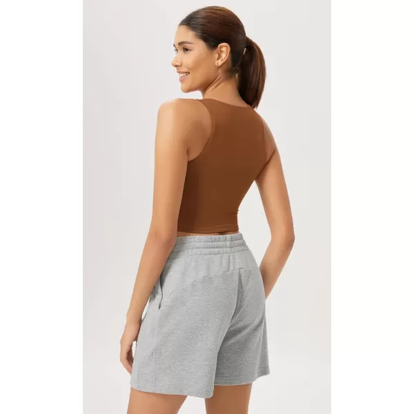 ODODOS Cloud Feeling High Neck Crop Tank for Women Double Layer Sleeveless Casual Yoga Cropped TopsCaramel