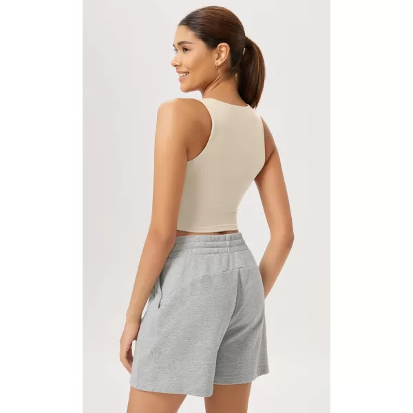 ODODOS Cloud Feeling High Neck Crop Tank for Women Double Layer Sleeveless Casual Yoga Cropped TopsOat Milk