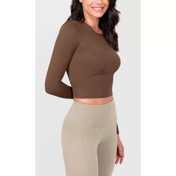 ODODOS Cloud Feeling Long Sleeve Crop Tops for Women Crew Neck Athletic Gym Workout Yoga Tee ShirtsBrunette