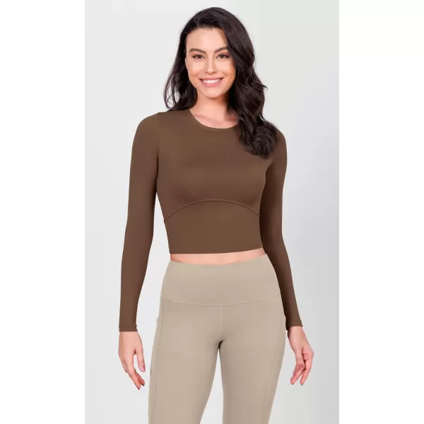 ODODOS Cloud Feeling Long Sleeve Crop Tops for Women Crew Neck Athletic Gym Workout Yoga Tee ShirtsBrunette