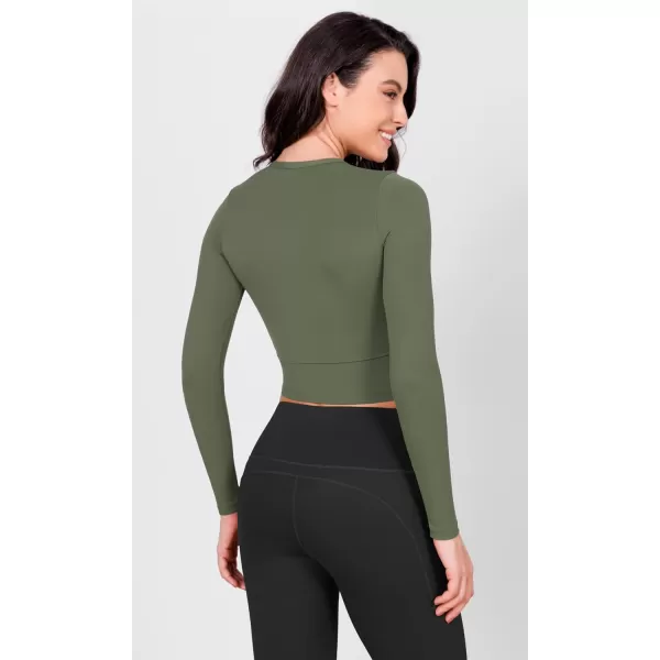 ODODOS Cloud Feeling Long Sleeve Crop Tops for Women Crew Neck Athletic Gym Workout Yoga Tee ShirtsDark Olive