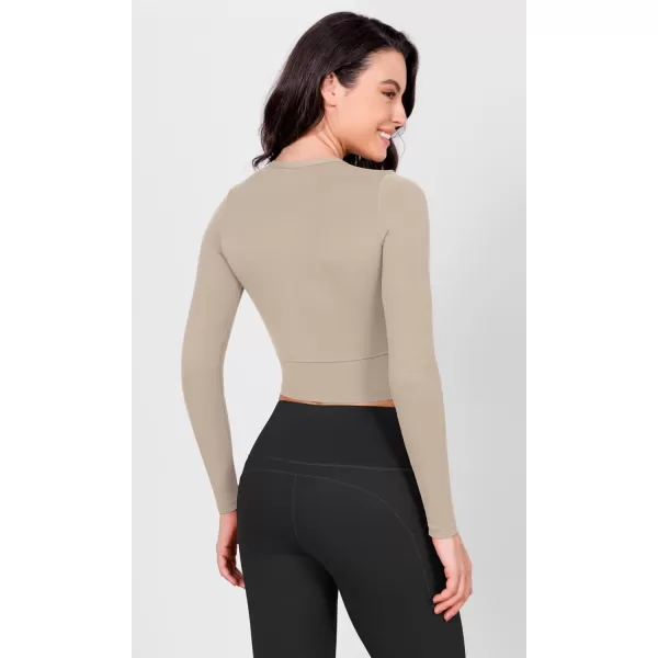 ODODOS Cloud Feeling Long Sleeve Crop Tops for Women Crew Neck Athletic Gym Workout Yoga Tee ShirtsShaker Beige