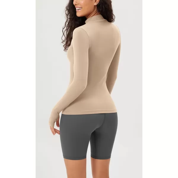 ODODOS Cloud Feeling Long Sleeve Shirts with Thumb Hole for Women Mock Neck Yoga TShirts Workout TopsBeige