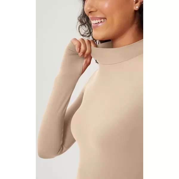 ODODOS Cloud Feeling Long Sleeve Shirts with Thumb Hole for Women Mock Neck Yoga TShirts Workout TopsBeige