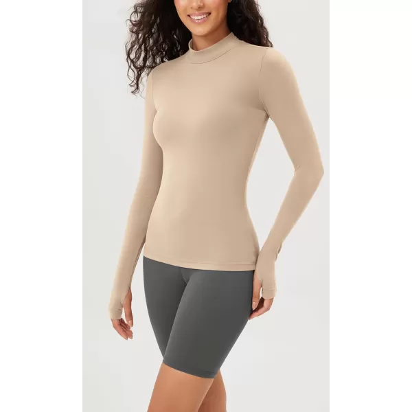 ODODOS Cloud Feeling Long Sleeve Shirts with Thumb Hole for Women Mock Neck Yoga TShirts Workout TopsBeige
