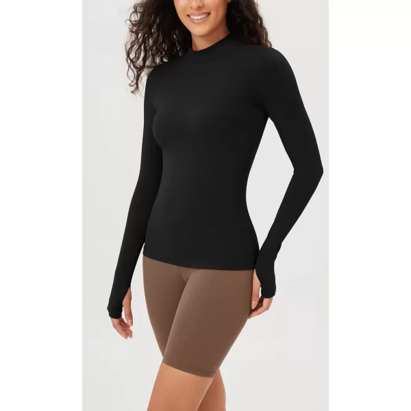 ODODOS Cloud Feeling Long Sleeve Shirts with Thumb Hole for Women Mock Neck Yoga TShirts Workout TopsBlack