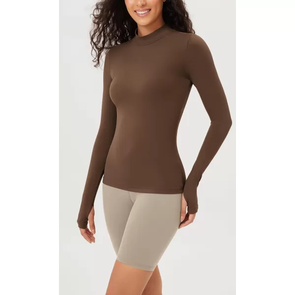 ODODOS Cloud Feeling Long Sleeve Shirts with Thumb Hole for Women Mock Neck Yoga TShirts Workout TopsBrunette