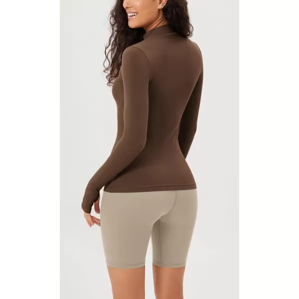ODODOS Cloud Feeling Long Sleeve Shirts with Thumb Hole for Women Mock Neck Yoga TShirts Workout TopsBrunette