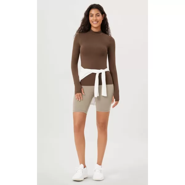 ODODOS Cloud Feeling Long Sleeve Shirts with Thumb Hole for Women Mock Neck Yoga TShirts Workout TopsBrunette