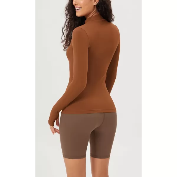 ODODOS Cloud Feeling Long Sleeve Shirts with Thumb Hole for Women Mock Neck Yoga TShirts Workout TopsCaramel