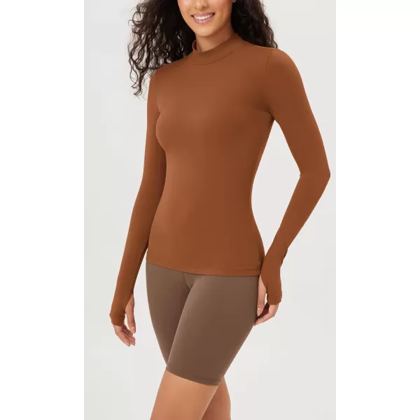 ODODOS Cloud Feeling Long Sleeve Shirts with Thumb Hole for Women Mock Neck Yoga TShirts Workout TopsCaramel