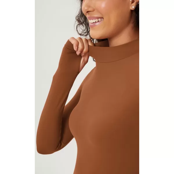 ODODOS Cloud Feeling Long Sleeve Shirts with Thumb Hole for Women Mock Neck Yoga TShirts Workout TopsCaramel