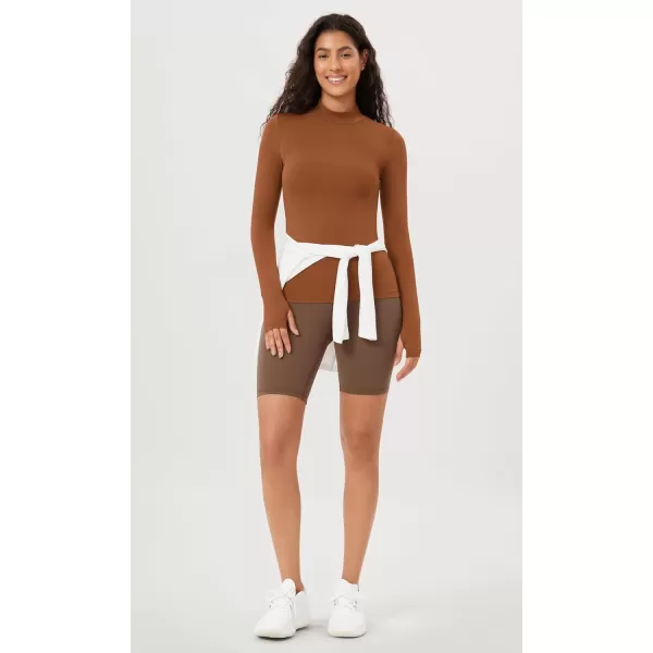 ODODOS Cloud Feeling Long Sleeve Shirts with Thumb Hole for Women Mock Neck Yoga TShirts Workout TopsCaramel