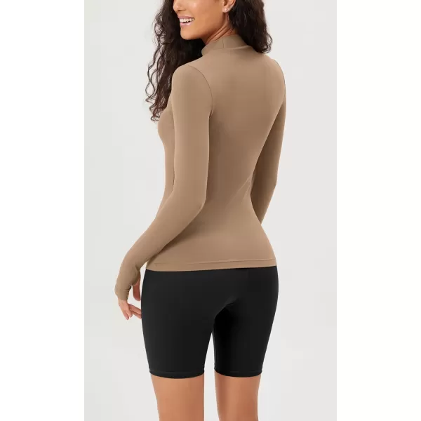 ODODOS Cloud Feeling Long Sleeve Shirts with Thumb Hole for Women Mock Neck Yoga TShirts Workout TopsLight Brown