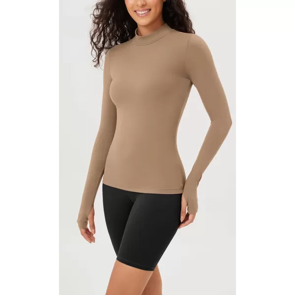 ODODOS Cloud Feeling Long Sleeve Shirts with Thumb Hole for Women Mock Neck Yoga TShirts Workout TopsLight Brown