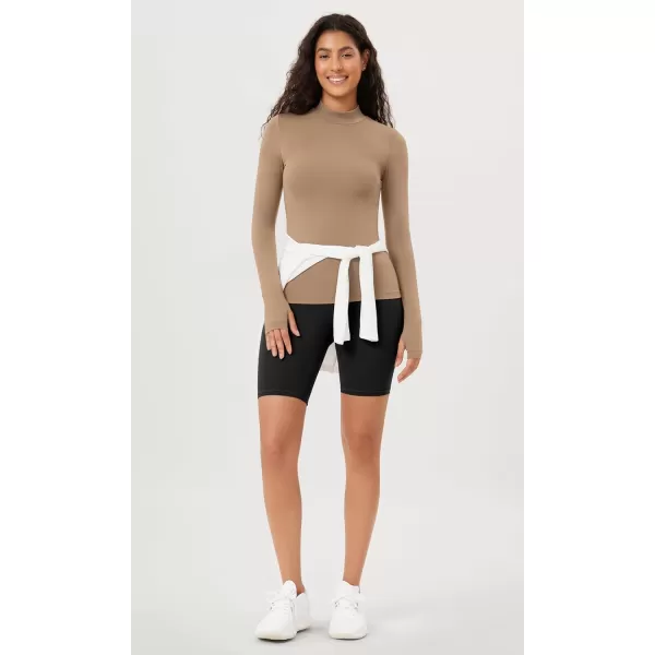 ODODOS Cloud Feeling Long Sleeve Shirts with Thumb Hole for Women Mock Neck Yoga TShirts Workout TopsLight Brown