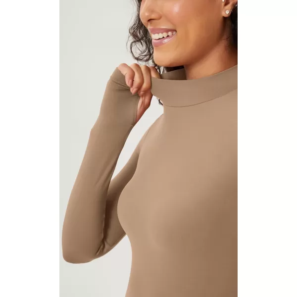 ODODOS Cloud Feeling Long Sleeve Shirts with Thumb Hole for Women Mock Neck Yoga TShirts Workout TopsLight Brown