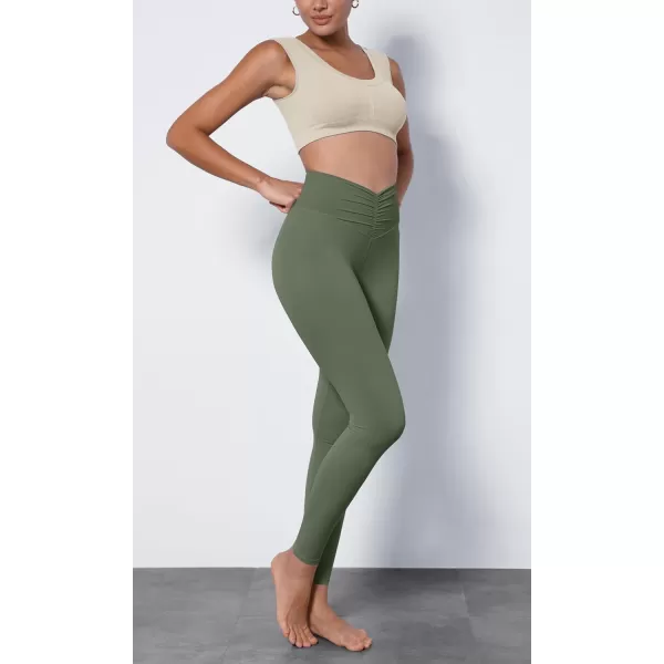 ODODOS Cloud Feeling Ruched Yoga Leggings for Women 25quot  28quot High Waist Crossover Yoga PantsDark Olive