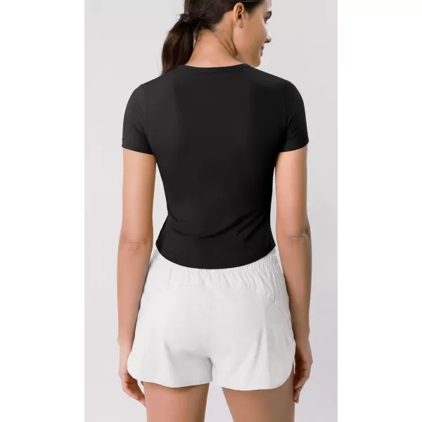 ODODOS Cloud Feeling Short Sleeve Tee for Women Curved Hem Crew Neck Crop Tops Summer Yoga TShirtsBlack
