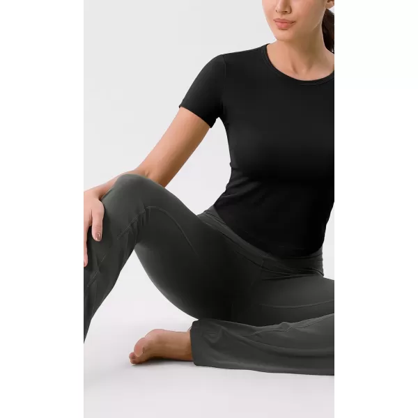 ODODOS Cloud Feeling Short Sleeve Tee for Women Curved Hem Crew Neck Crop Tops Summer Yoga TShirtsBlack