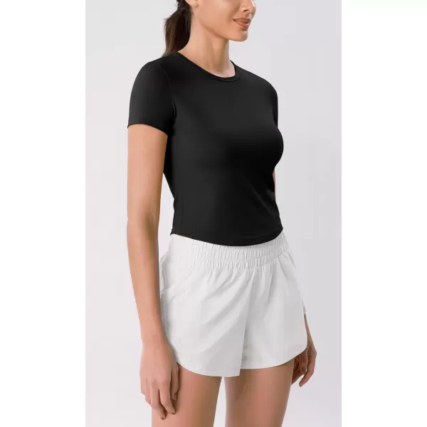 ODODOS Cloud Feeling Short Sleeve Tee for Women Curved Hem Crew Neck Crop Tops Summer Yoga TShirtsBlack