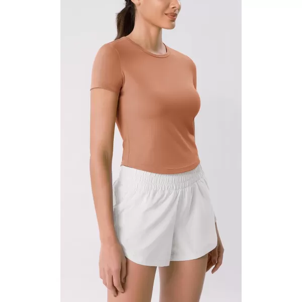 ODODOS Cloud Feeling Short Sleeve Tee for Women Curved Hem Crew Neck Crop Tops Summer Yoga TShirtsBrown