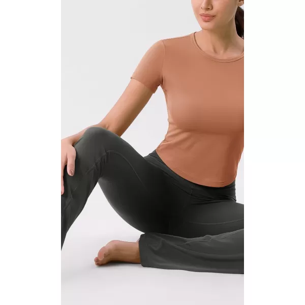 ODODOS Cloud Feeling Short Sleeve Tee for Women Curved Hem Crew Neck Crop Tops Summer Yoga TShirtsBrown
