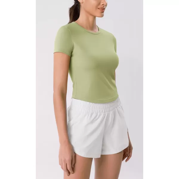 ODODOS Cloud Feeling Short Sleeve Tee for Women Curved Hem Crew Neck Crop Tops Summer Yoga TShirtsCeladon Green