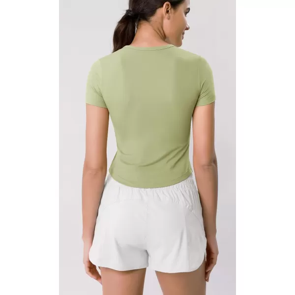 ODODOS Cloud Feeling Short Sleeve Tee for Women Curved Hem Crew Neck Crop Tops Summer Yoga TShirtsCeladon Green
