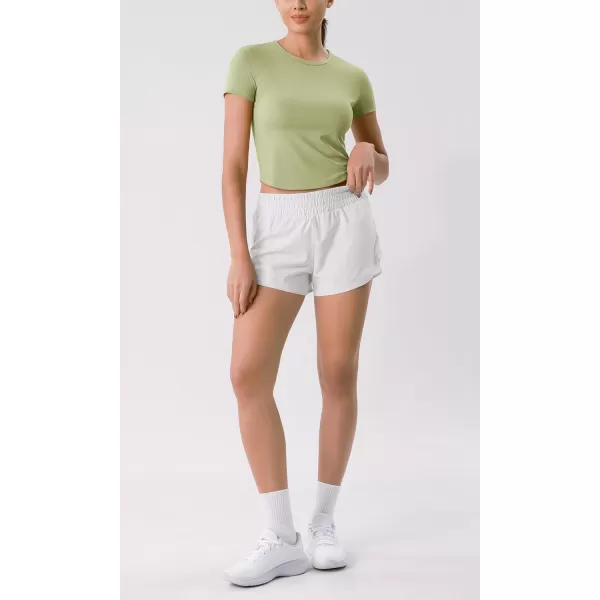 ODODOS Cloud Feeling Short Sleeve Tee for Women Curved Hem Crew Neck Crop Tops Summer Yoga TShirtsCeladon Green