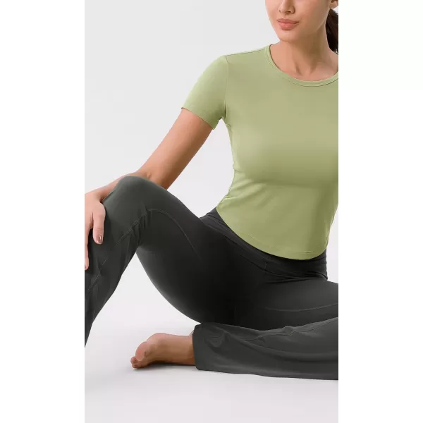 ODODOS Cloud Feeling Short Sleeve Tee for Women Curved Hem Crew Neck Crop Tops Summer Yoga TShirtsCeladon Green