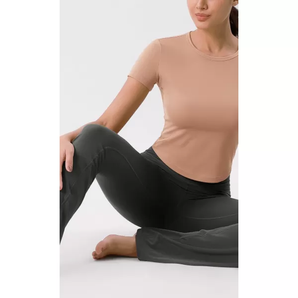 ODODOS Cloud Feeling Short Sleeve Tee for Women Curved Hem Crew Neck Crop Tops Summer Yoga TShirtsClay