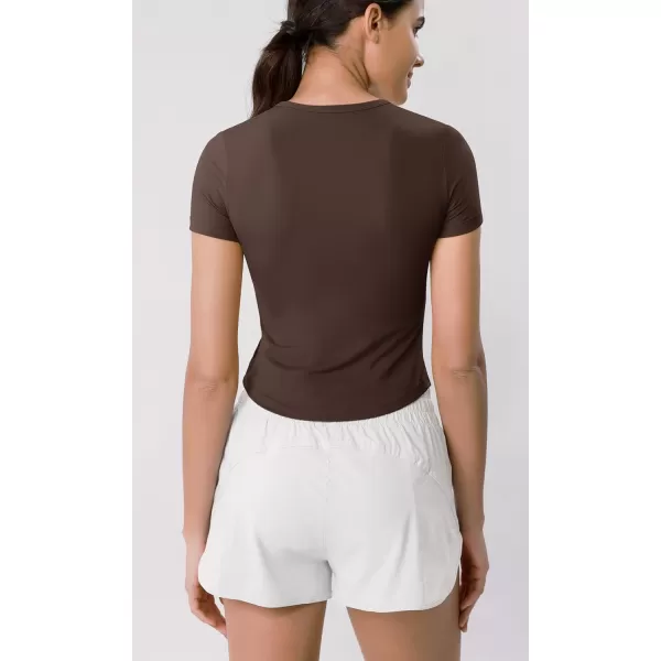 ODODOS Cloud Feeling Short Sleeve Tee for Women Curved Hem Crew Neck Crop Tops Summer Yoga TShirtsCocoa