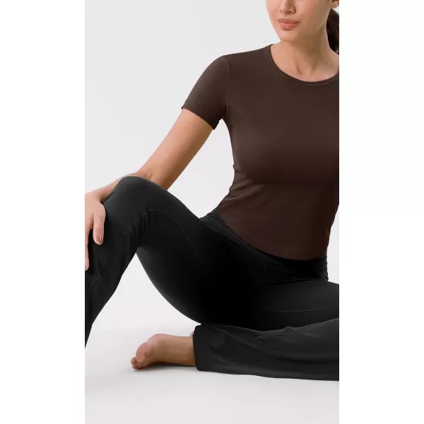 ODODOS Cloud Feeling Short Sleeve Tee for Women Curved Hem Crew Neck Crop Tops Summer Yoga TShirtsCocoa