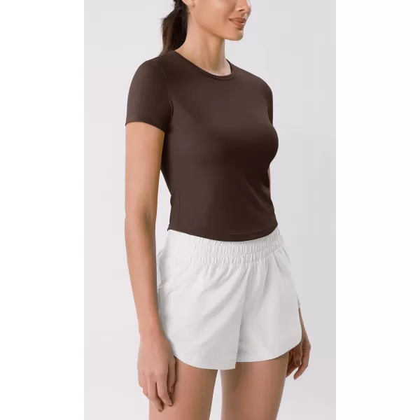 ODODOS Cloud Feeling Short Sleeve Tee for Women Curved Hem Crew Neck Crop Tops Summer Yoga TShirtsCocoa