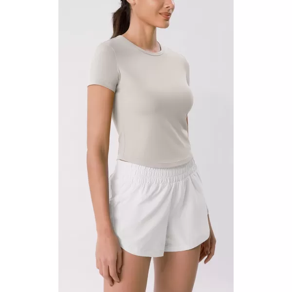 ODODOS Cloud Feeling Short Sleeve Tee for Women Curved Hem Crew Neck Crop Tops Summer Yoga TShirtsQuiet Gray