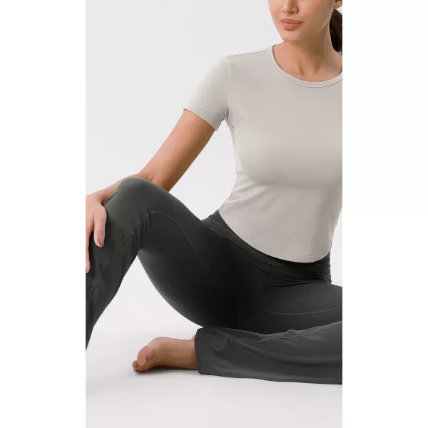 ODODOS Cloud Feeling Short Sleeve Tee for Women Curved Hem Crew Neck Crop Tops Summer Yoga TShirtsQuiet Gray