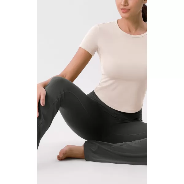 ODODOS Cloud Feeling Short Sleeve Tee for Women Curved Hem Crew Neck Crop Tops Summer Yoga TShirtsSand