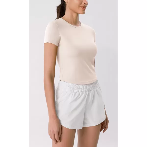 ODODOS Cloud Feeling Short Sleeve Tee for Women Curved Hem Crew Neck Crop Tops Summer Yoga TShirtsSand