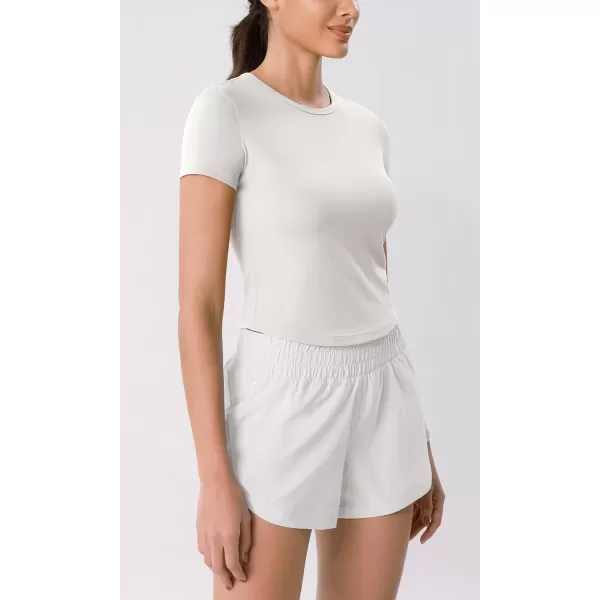 ODODOS Cloud Feeling Short Sleeve Tee for Women Curved Hem Crew Neck Crop Tops Summer Yoga TShirtsWhite